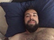 Big bearded bear with hairy chest wanking playing on cam showing his tongue. Beautiful Agony