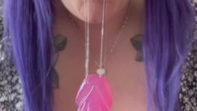 Cute big titty BBW gagging on dildo