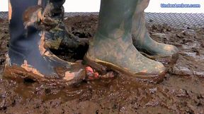 MudFest 1: Crushing The Cum From Your Cock & Balls Under Our Muddy Hunter Boots - 197 Feet Cam - Goddess Amber - Miss Lucy - Trampling CBT Bootjob