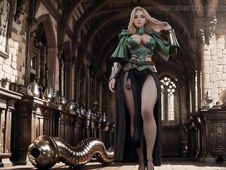 Medieval Knight Dream! Green Armor & Juicy Secrets, Kneeling in the Library Gazing at U, Hand on Chest Teasing