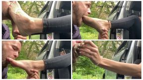 EXCLUSIVE: Happy taxi driver sniffs and licks Emily's stinky nylon ped socks