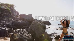 Petite Canadian MILF with a big ass solo striptease outdoor on a beach