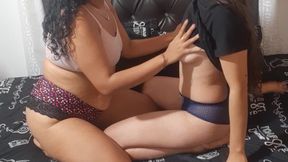 Blonde gets fucked by brunette lesbian