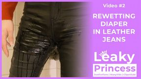 LeakyPrincess rewets her diaper and leather jeans