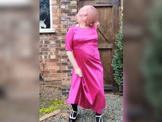 Hawt sissy crossdresser outdoors in full length hawt pink satin