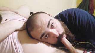 3 unshaved giant men deepthroat each other's lollipops until they jizz (Trailer)