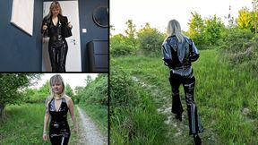 Anastasia puts on her new PVC outfit and walks in the woods 4K