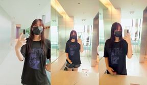 Tight jeans bulge under oversized t-shirt as sissy girl fingerfucks herself raw in public toilet