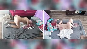 Sensual massage of a hot couple with oil on the body  Foreplay in the bedroom with an amateur couple