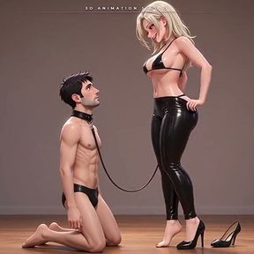 Tall Latex Blonde Leads Her Collared Man by the Leash - Foot in His Mouth
