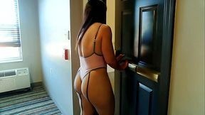 Exhibitionist in Lingerie walks hotel corridors