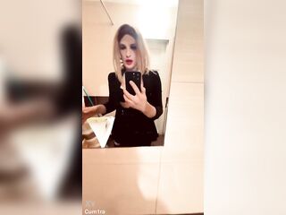 Hot shemale cutie Cum1ra bangs herself with a sex-toy in the booty with all her might to techno
