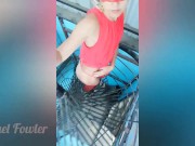 Hot milf goes to the roof on a dangerous iron ladder to pee on the solar panel