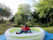 Baggy Pup cooling down in pool (with sneakers and cumshot)