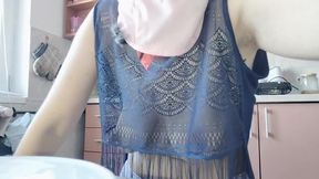 Hairy Brunette Pussy, Big Tits, Sensual Hairy Woman in the Kitchen.