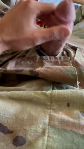 Showing off the Hairy Solider Balls While Jerking off and Shooting a Hot Load of Cum