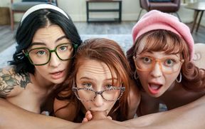 POV fucking three busty nerd girlfriends