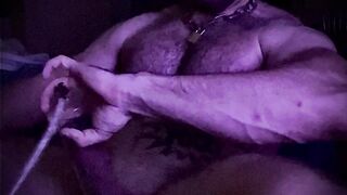 Pumped pipe and golden shower for a hairy muscle hunk with a big cock