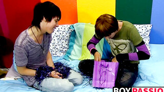 Young gays play with body paint before rough anal pounding