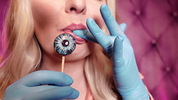 eating cand in blue nitrile gloves (Arya Grander) hot ASMR video