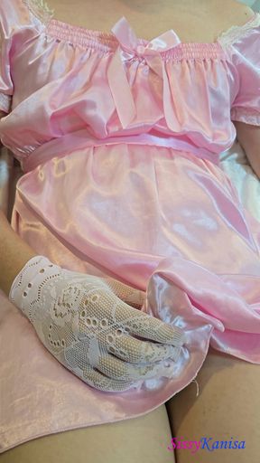 Sissy Kanisa Jerking off with Pink Satin Dress and Lace Glove