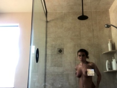 Amateur busty brunette masturbates and does hand job