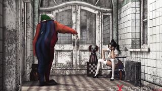 Evil clown plays with a sweet vulgar college cunt with mouth inside an abandoned hospital