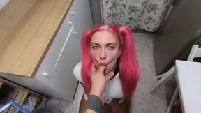 Slim Busty Tattooed Pink-hair Hottie Gets Doggy-fucked In the Kitchen After a Deepthroat BJ