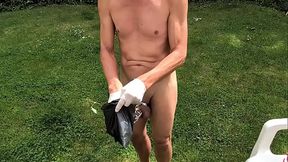 naked pathetic white slave during outdoor party in penis cage enjoy playing with nettles and his uncut dick, CMNM