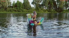 Alla hotly fucks a squeaky inflatable seal on the lake