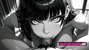 Anime Noir Femme Fatale gets a Handjob and Blowjob by the Penthouse Window