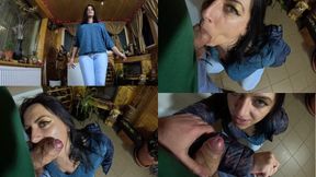No Panties MILF Cameltoe Twerk. Deep Blowjob and Cum Covered Puffy Jacket