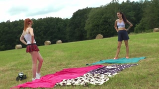Yoga and Gymnastics Outdoors without Panties in School Uniform Miniskirt with Hot Tight Pussy Girls