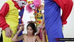 Clowns Penis-wises Play With a Brunette Chick Inserting Their Cocks in Her Holes in a Dirty Cosplay