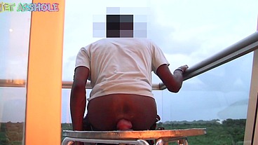 Gaping Black Butthole Shower Show and then Riding Huge Dildo Balls Deep in the Sun