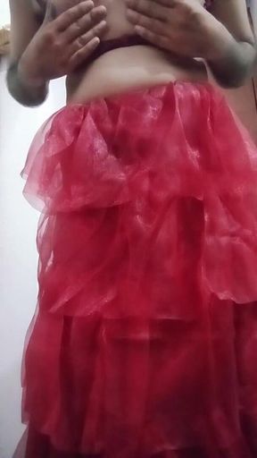 Indian Gay Crossdresser Bottom Pressing and Playing with Her Big Boobs in Red Gown Real Homemade Sex