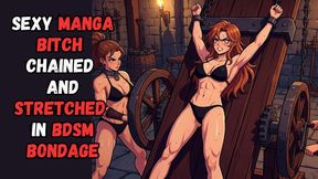 sexy fit Anime Manga redhead bitch is tied to a rack in the dungeon and stretched by two kinky fetishists in BDSM bondage