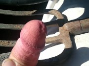Farm boy jerks off in truck and then cums on pitchfork