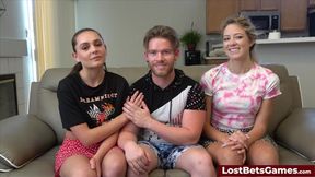 Two hot girls and a lucky guy play strip basketball together