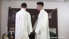 Religious twink slobbers on big dick before being rawpounded