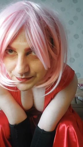 Pinky Wig, Red Dress, Black Tights and a White Femboy