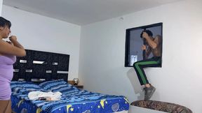 I take advantage of the fact that my neighbor's cuckold comes out to watch his beautiful wife while she gets dressed and fuck her very well