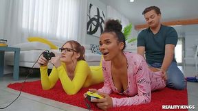 Pajama party turns into interracial threesome fuck