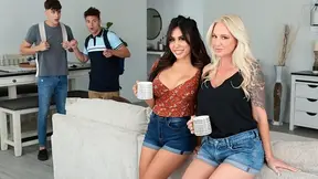 Stepmom and her friend gossip about cock sizes then catch their messy stepsons fucking around