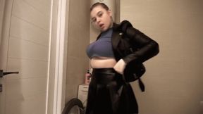 Leather jacket panty fetish hiding in bathroom big booty fun
