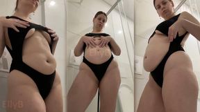 Shower enema and oily huge belly