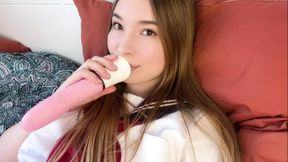 baby in Japanese school uniform jerks off a tight sweet pussy