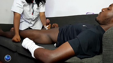 The broken arm patient get his balls dry by big ass sexy nurse