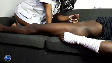 The broken arm patient get his balls dry by big ass sexy nurse
