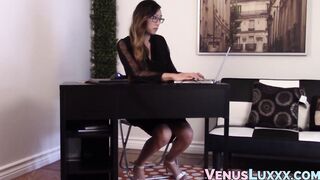 Adorable Asian shemale solo masturbates in her office